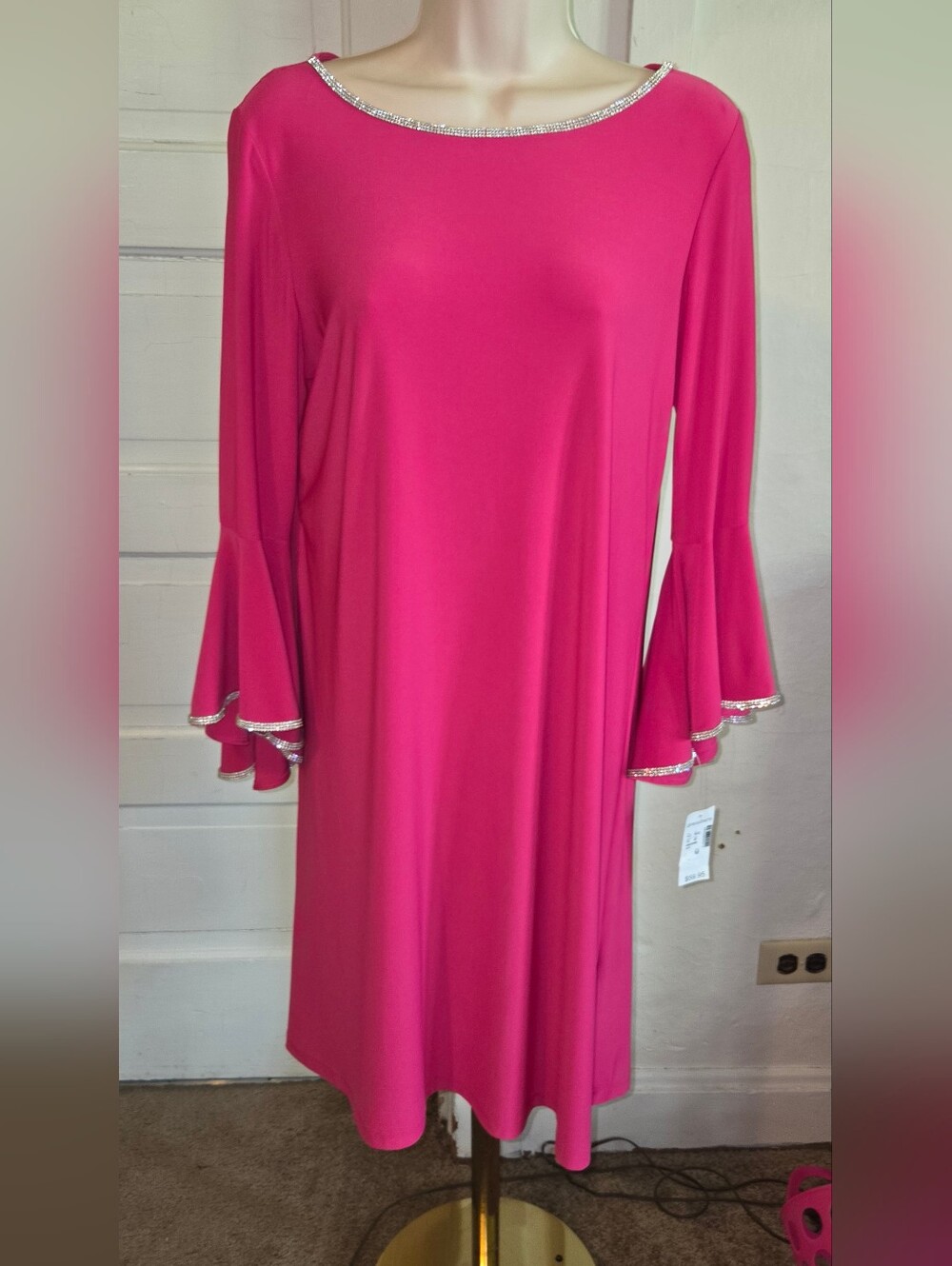 MSK Bright Pink Bell-Sleeve Rhinestone Trim Dress